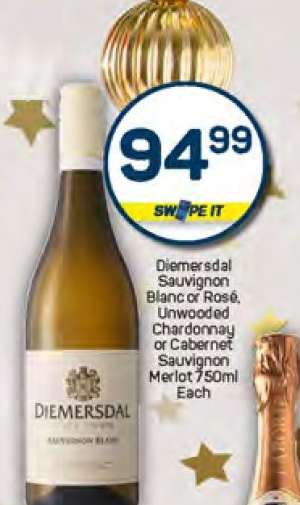 Diemersdal Sauvignon Blanc or Rosé, Unwooded Chardonnay or Cabernet Sauvignon Merlot 750ml