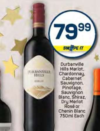Durbanville Hills Merlot, Chardonnay, Cabernet Sauvignon, Pinotage, Sauvignon Blanc, Shiraz, Dry Merlot Rosé or Chenin Blanc 750ml Each