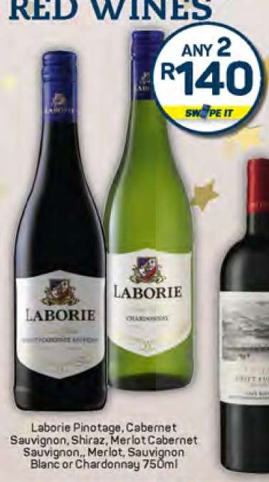 Laborie Pinotage, Cabernet Sauvignon, Shiraz, Merlot Cabernet Sauvignon, Merlot, Sauvignon Blanc or Chardonnay 750ml