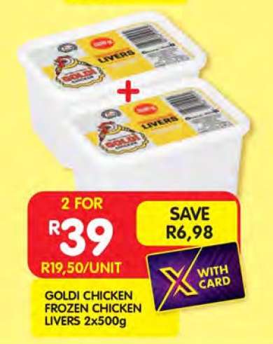 GOLDI CHICKEN FROZEN CHICKEN LIVERS 2x500g