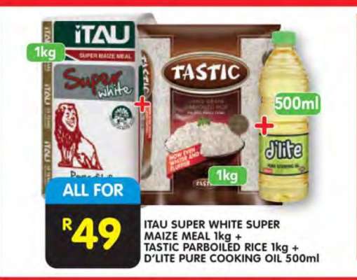 ITAU SUPER WHITE SUPER MAIZE MEAL 1kg + TASTIC PARBOILED RICE 1kg + D'LITE PURE COOKING OIL 500ml