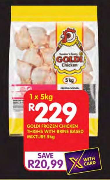 GOLDI FROZEN CHICKEN THIGHS WITH BRINE BASED MIXTURE 5kg
