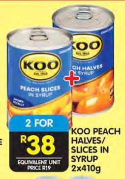 KOO PEACH HALVES/SLICES IN SYRUP 2x410g