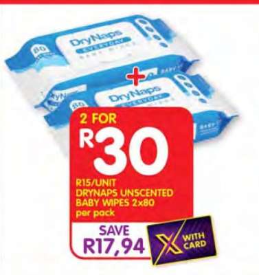 DRYNAPS UNSCENTED BABY WIPES 2x80