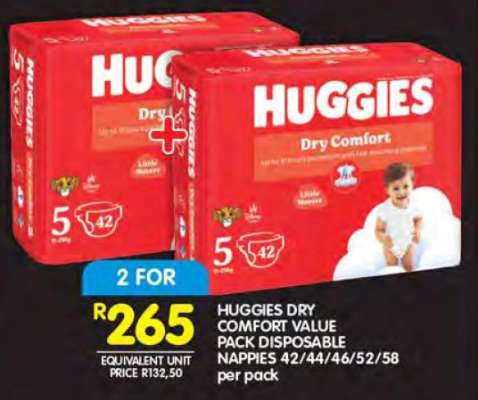 HUGGIES DRY COMFORT VALUE PACK DISPOSABLE NAPPIES 42/44/46/52/58 per pack