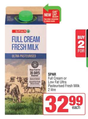 SPAR Full Cream or Low Fat Ultra Pasteurised Fresh Milk 2 litre