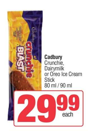 Cadbury Crunchie, Dairymilk or Oreo Ice Cream Stick