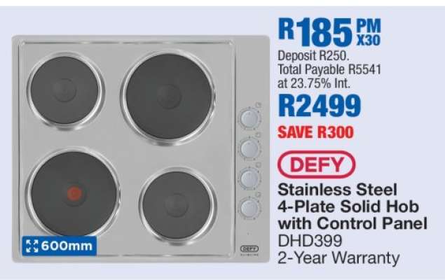 DEFY Stainless Steel 4-Plate Solid Hob with Control Panel