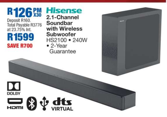 Hisense 2.1 Channel Soundbar With Wireless Subwoofer