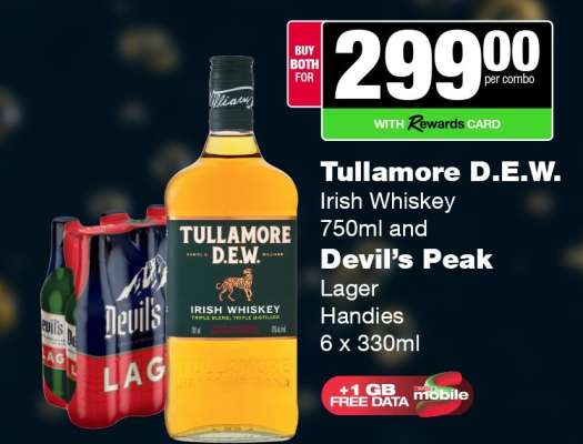 Tullamore D.E.W. Irish Whiskey and Devil's Peak Lager