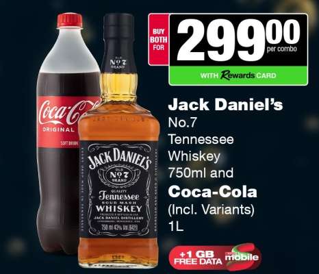 Jack Daniel's No.7 Tennessee Whiskey 750ml and Coca-Cola 1L