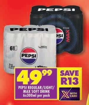 PEPSI REGULAR/LIGHT/MAX SOFT DRINK 6x300ml per pack