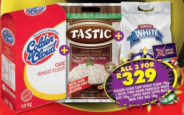 Golden Cloud Cake Wheat Flour 10kg + Tastic Long Grain Parboiled White Rice 10kg + Super White Super Maize Meal Poly Bag 10kg