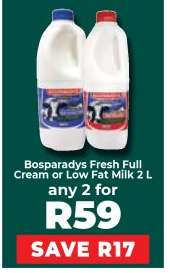 Bosparadys Fresh Full Cream or Low Fat Milk 2 L