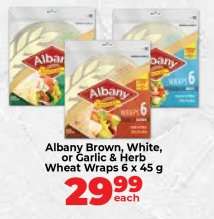 Albany Brown, White, or Garlic & Herb Wheat Wraps 6 x 45 g