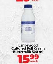 Lancewood Cultured Full Cream Buttermilk 500 ml