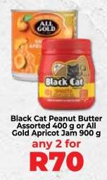 Black Cat Peanut Butter Assorted 400 g or All Gold Apricot Jam 900 g