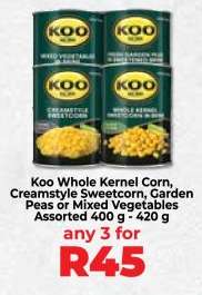 Koo Whole Kernel Corn, Creamstyle Sweetcorn, Garden Peas or Mixed Vegetables