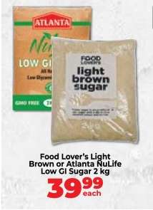 Food Lover’s Light Brown or Atlanta NuLife Low GI Sugar 2 kg