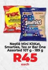 Nestlé Mini KitKat, Smarties, Tex or Bar One