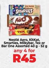 Nestlé Aero, KitKat, Smarties, Milkybar, Tex or Bar One Assorted