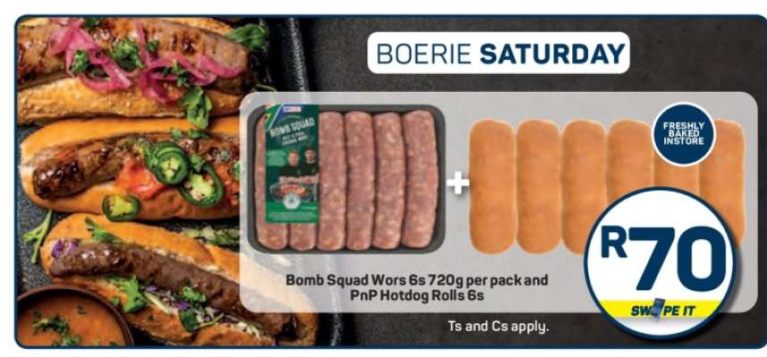 Bomb Squad Wors 6s 720g per pack and PnP Hotdog Rolls 6s