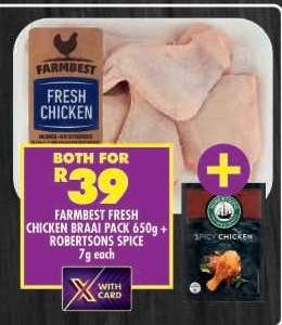 FARMBEST FRESH CHICKEN BRAAI PACK 650g + ROBERTSONS SPICE 7g each