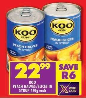 KOO PEACH HALVES/SLICES IN SYRUP 410g each