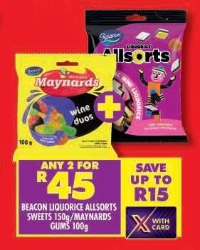 BEACON LIQUORICE ALLSORTS SWEETS 150g/MAYNARDS GUMS 100g