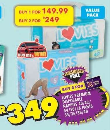 LOVIES PREMIUM DISPOSABLE NAPPIES 40/42/44/50/56 PANTS 34/36/38/40