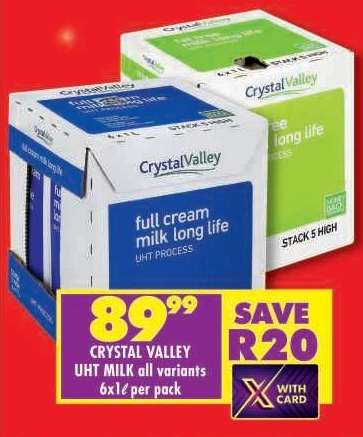 CRYSTAL VALLEY UHT MILK all variants 6x1ℓ per pack