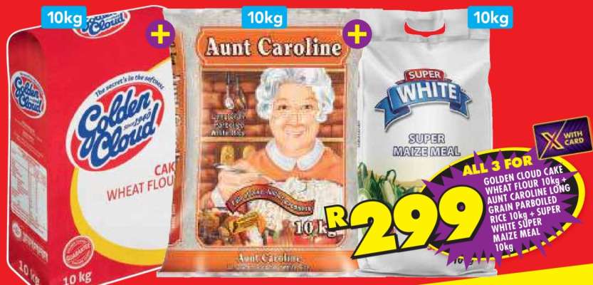Golden Cloud Cake Wheat Flour 10kg + Aunt Caroline Long Grain Parboiled Rice 10kg + Super White Super Maize Meal 10kg