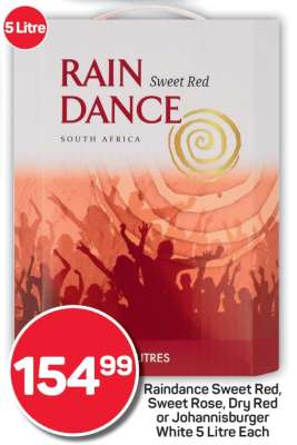 Raindance Sweet Red, Sweet Rose, Dry Red or Johannisburger White 5 Litre Each
