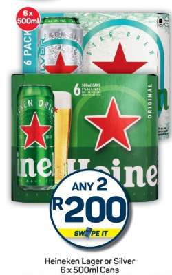 Heineken Lager or Silver 6 x 500ml Cans