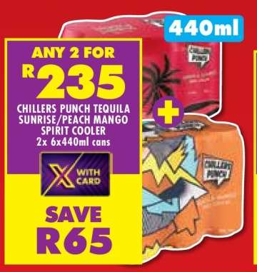 Chillers Punch Tequila Sunrise/Peach Mango Spirit Cooler 2x 6x440ml cans