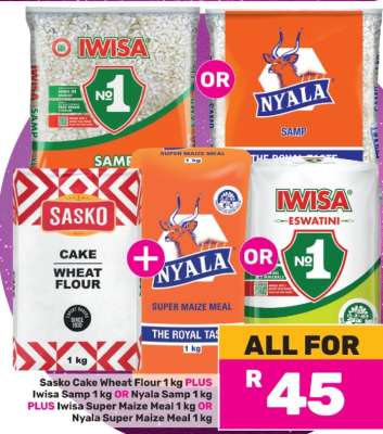 Sasko Cake Wheat Flour, Iwisa Samp or Nyala Samp, Iwisa Super Maize Meal or Nyala Super Maize Meal