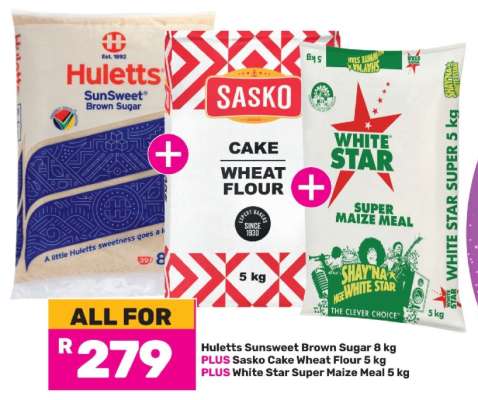 Huletts Sunsweet Brown Sugar 8 kg + Sasko Cake Wheat Flour 5 kg + White Star Super Maize Meal 5 kg