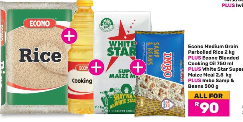 Econo Medium Grain Parboiled Rice 2 kg + Econo Blended Cooking Oil 750 ml + White Star Super Maize Meal 2.5 kg + Imbo Samp & Beans 500 g
