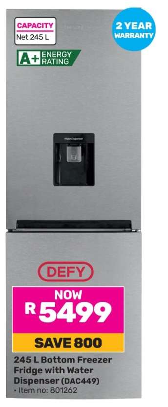Defy 245 L Bottom Freezer Fridge with Water Dispenser (DAC449)