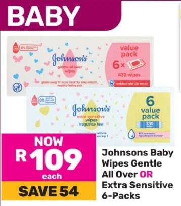 Johnsons Baby Wipes Gentle All Over OR Extra Sensitive 6-Packs