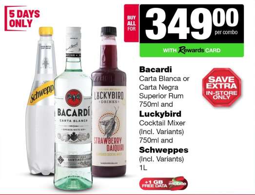 Bacardi, Luckybird, Schweppes Combo
