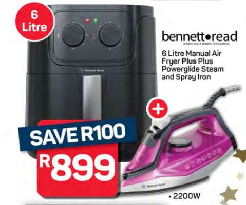 Bennett Read 6 Litre Manual Air Fryer Plus Powerglide Steam and Spray Iron