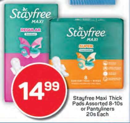Stayfree Maxi Thick Pads Assorted 8-10s or Pantyliners 20s Each