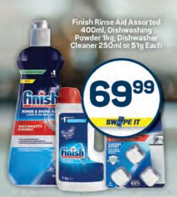 Finish Rinse Aid Assorted 400ml, Dishwashing Powder 1kg, Dishwasher Cleaner 250ml or 51g Each