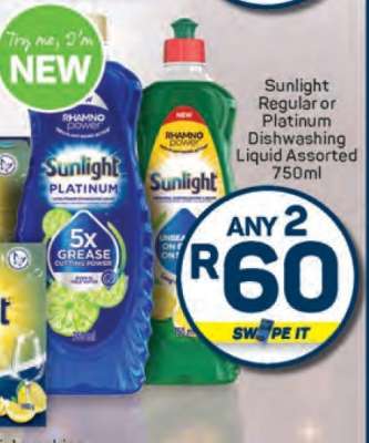 Sunlight Regular or Platinum Dishwashing Liquid Assorted 750ml