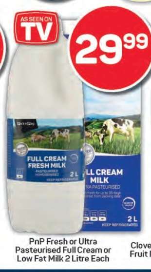 PnP Fresh or Ultra Pasteurised Full Cream or Low Fat Milk 2 Litre Each