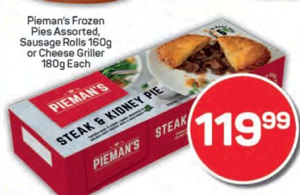 Pieman's Frozen Pies Assorted, Sausage Rolls 160g or Cheese Griller 180g Each