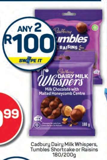 Cadbury Dairy Milk Whispers, Tumbles Shortcake or Raisins 180/200g