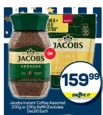 Jacobs Instant Coffee Assorted 200g or 230g Refill (Excludes Decaf) Each