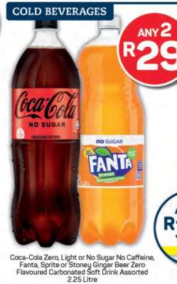 Coca-Cola Zero, Light or No Sugar No Caffeine, Fanta, Sprite or Stoney Ginger Beer Zero Flavoured Carbonated Soft Drink Assorted